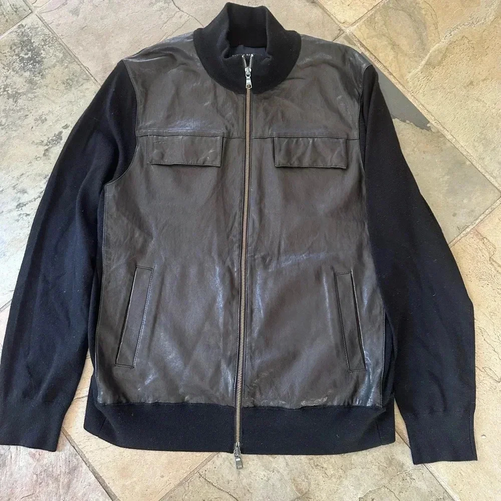 Banana Republic Black Faux Leather Front Bomber Jacket Moto Luxury Size Large
